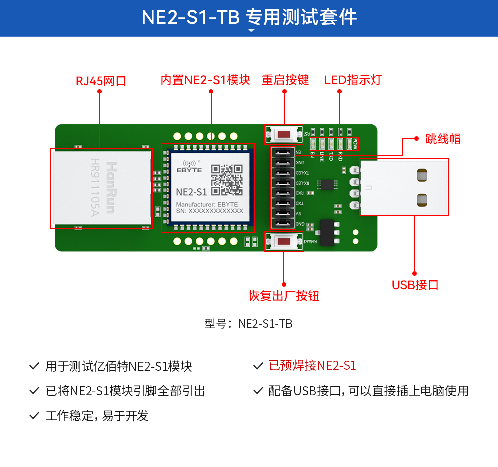 NE2-S1-TB 串口轉(zhuǎn)以太網(wǎng)模塊開發(fā)板